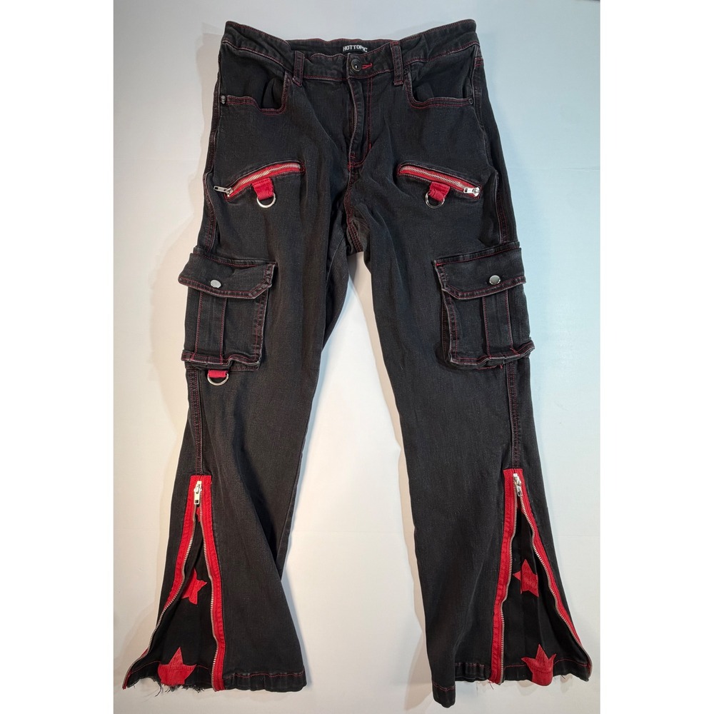 Hot Topic Black Red Contrast Stitch Star Zipper Flare Cargo Pants Mall Goth 11
